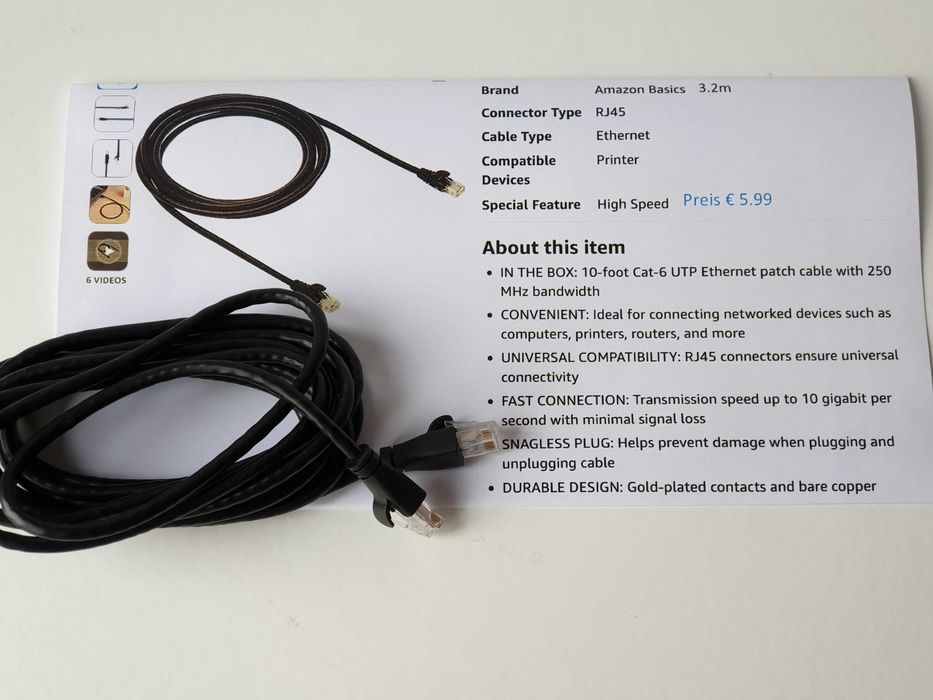 патч корд Cat 6 Gigabit  RJ45 26 AWG Ethernet Patch Amazon Basics 3.2м