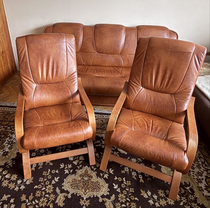 Komplet wypoczynkowy retro - sofa + 2 fotele, skóra naturalna