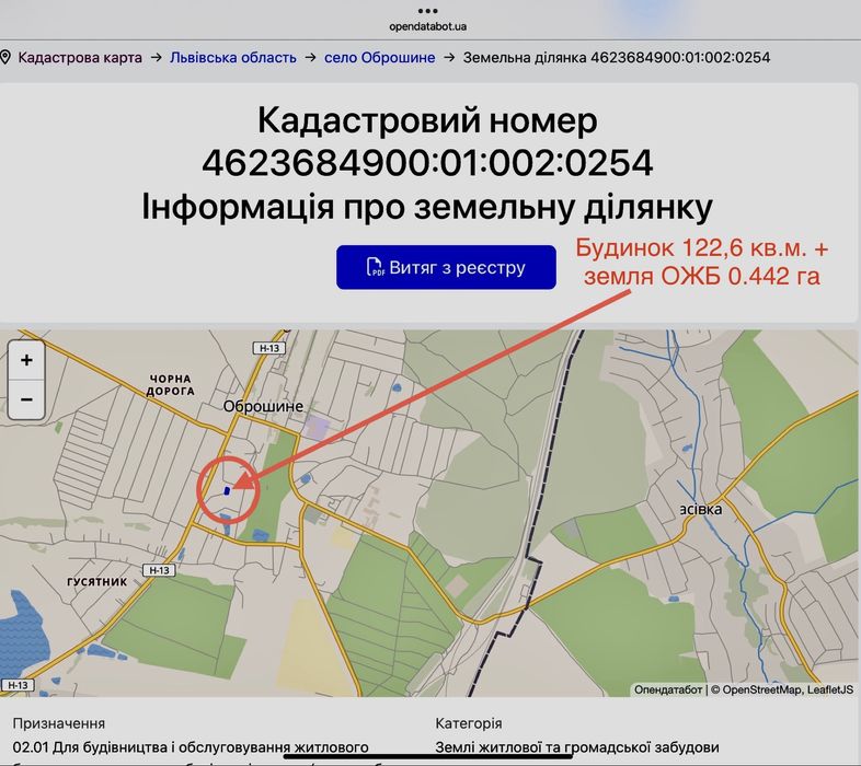 Продаж Будинок с. Оброшине вул. Козацька +земельна ділянка ОЖБ 4,5 сот