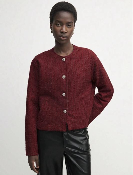 Klasyczna teksturowana bordowa kurtka kieszenie XS