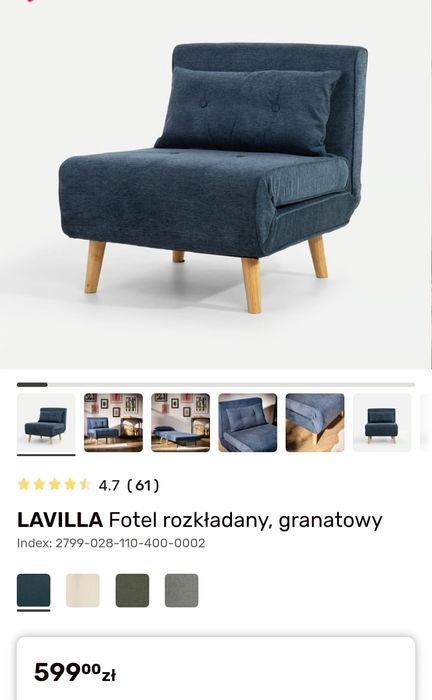 Fotel rozkładany granatowy, wyciągane nozki