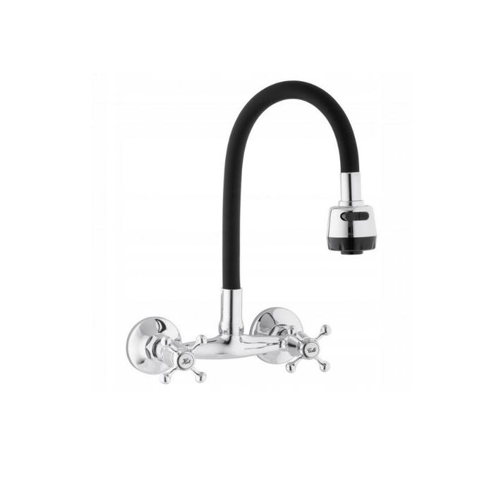 Bateria Kuchenna Ścienna Kran Elastyczna Wylewka Czarna Chrom Retro