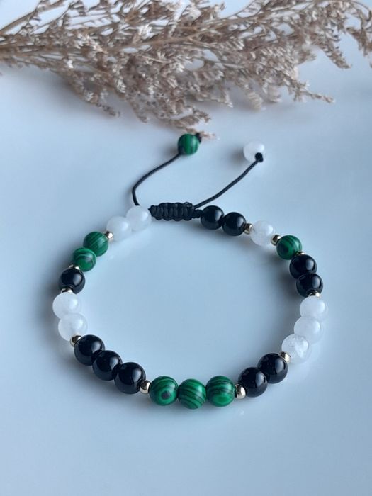 Kamienie naturalne Malachit Onyks K. Księżycowy Bransoletka Ochrony
