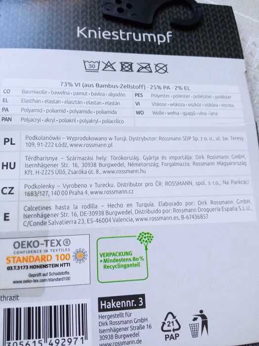 2 pary (zestaw) podkolanówki bambus zellstoff szare r 35-38