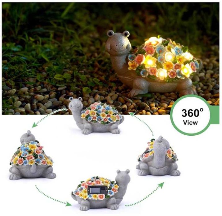 Solarna dekoracja ogrodowa, figurka żółwia z kwiatami