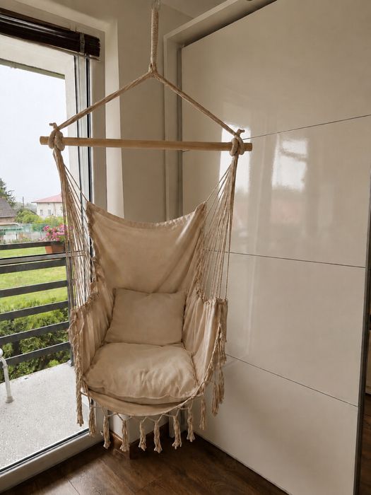 Huśtawka hamak brazylijski beżowy boho + 2 poduszki fotel wiszący ogrodowy
