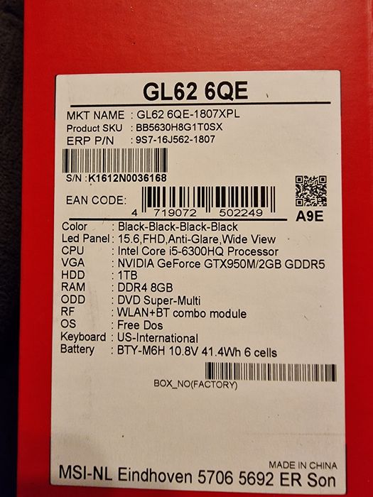 Laptop gamingowy msi  gl62