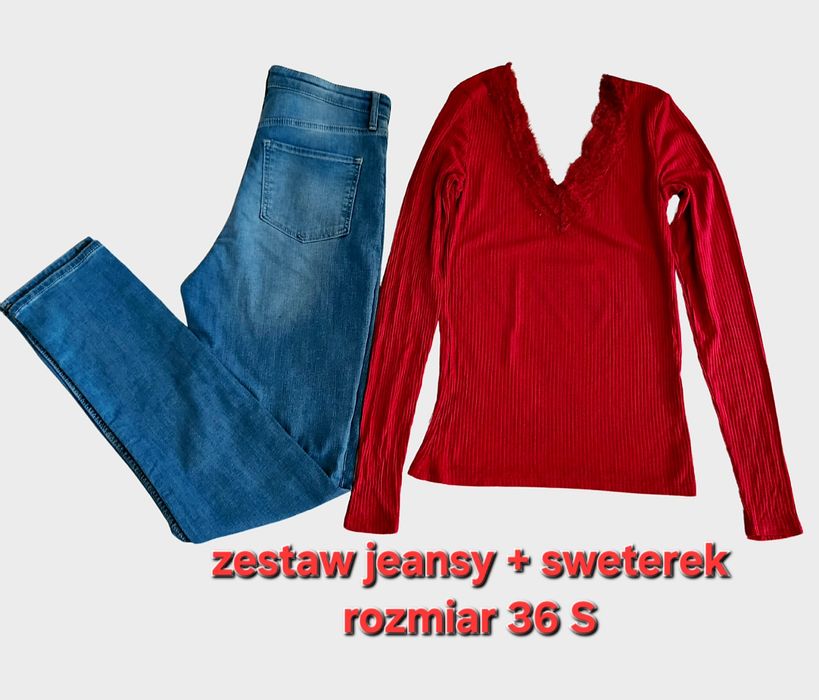 Zestaw niebieskie jeansy + czerwony sweterek rozmiar S 36