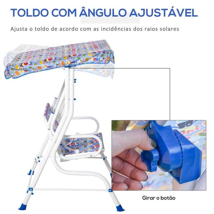 Baloiço Infantil de Jardim com Toldo e Cintos de Segurança - Azul