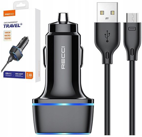 Szybka Ładowarka Samochodowa Usb Led 2.4A + Kabel Micro Usb Recci