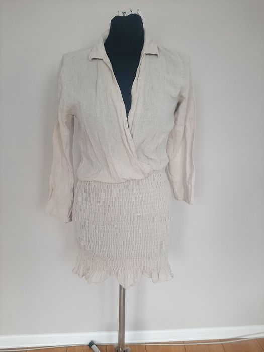 Lniano bawełniana sukienka z długim rękawem Zara i dopasowaną spódnicą