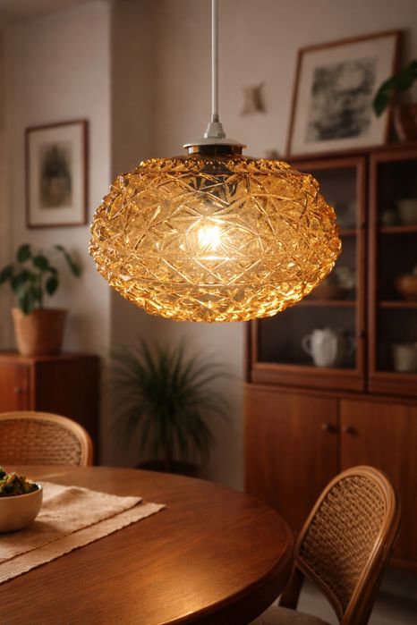 3× żyrandol PRL – lampa wisząca, bursztynowe szkło prasowane, vintage