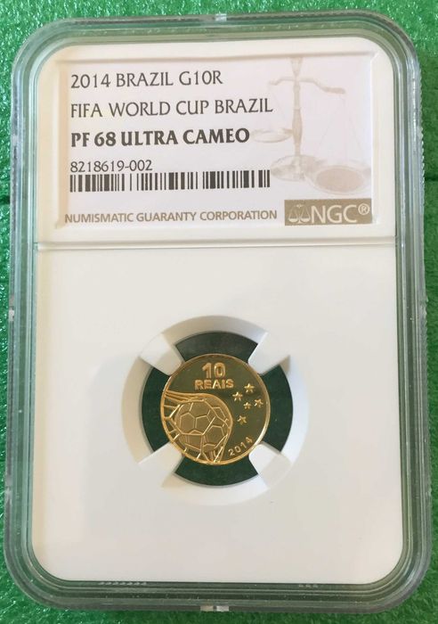 Brasil moeda 10 Reais 2014 PROOF Copa do Mundo da FIFA, ouro - CERTIFICADA NGC