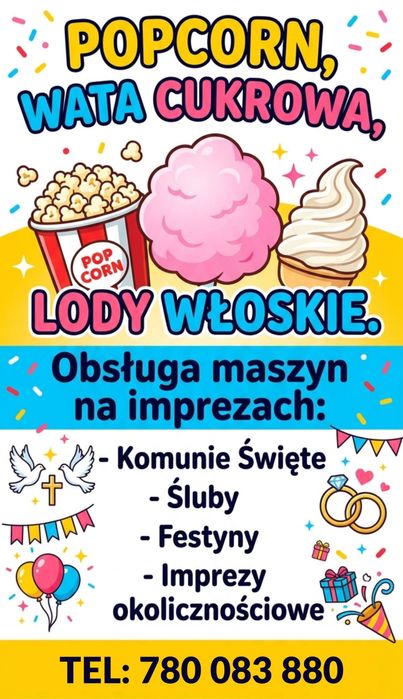 Obsługa maszyn do popcornu, waty cukrowej, lodów włoskich