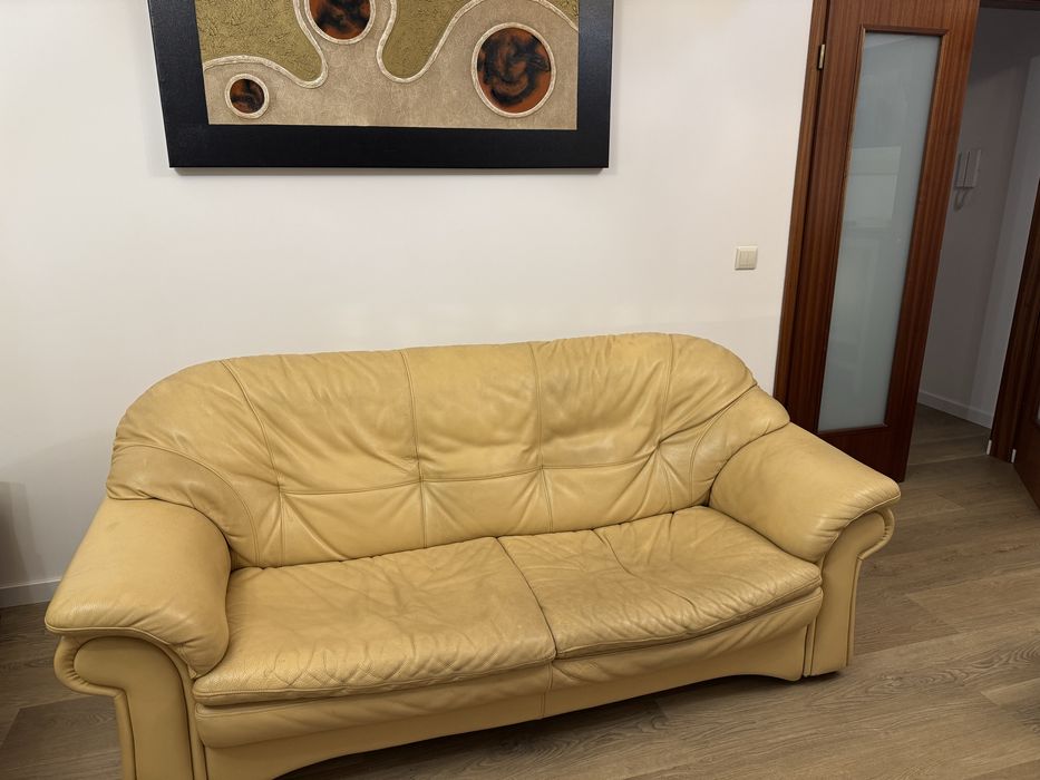 Conjunto 3 Sofás Bege em Pele