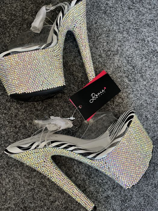 Szpilki Pole Dance zebry transparent cyrkonie 35 nowe Roxie Luve szkla