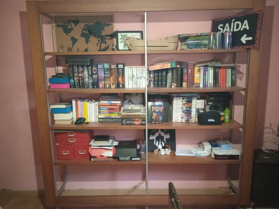 Estantes madeira maciça e ferro.