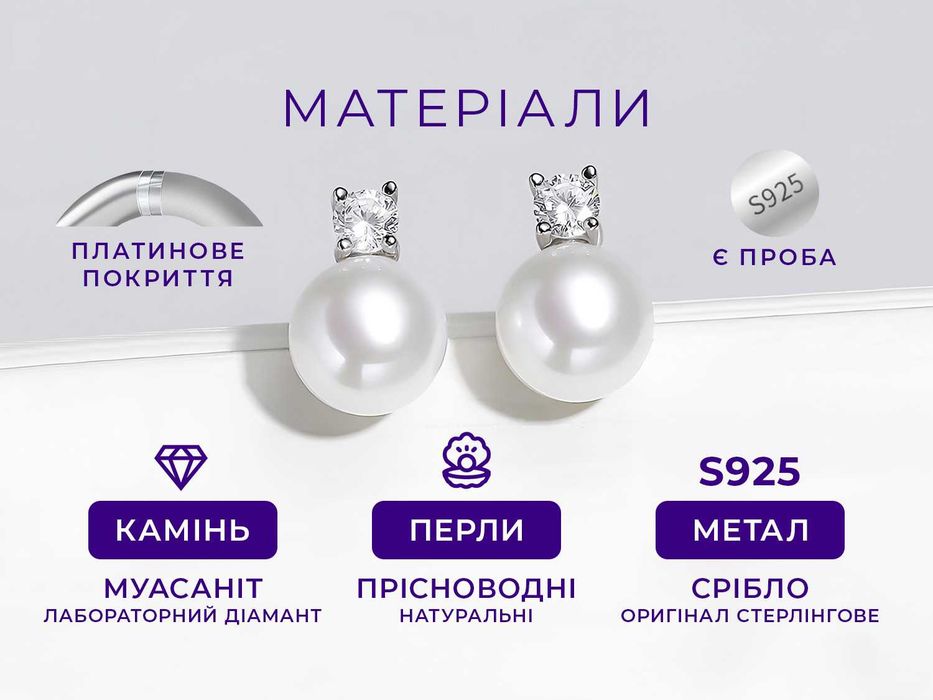 Сережки срібні з перлами, діамантами (муасанітами) та платиновим покриттям. Два сертифікати на камені в комплекті. Пусети 925 (оригінальне срібло)