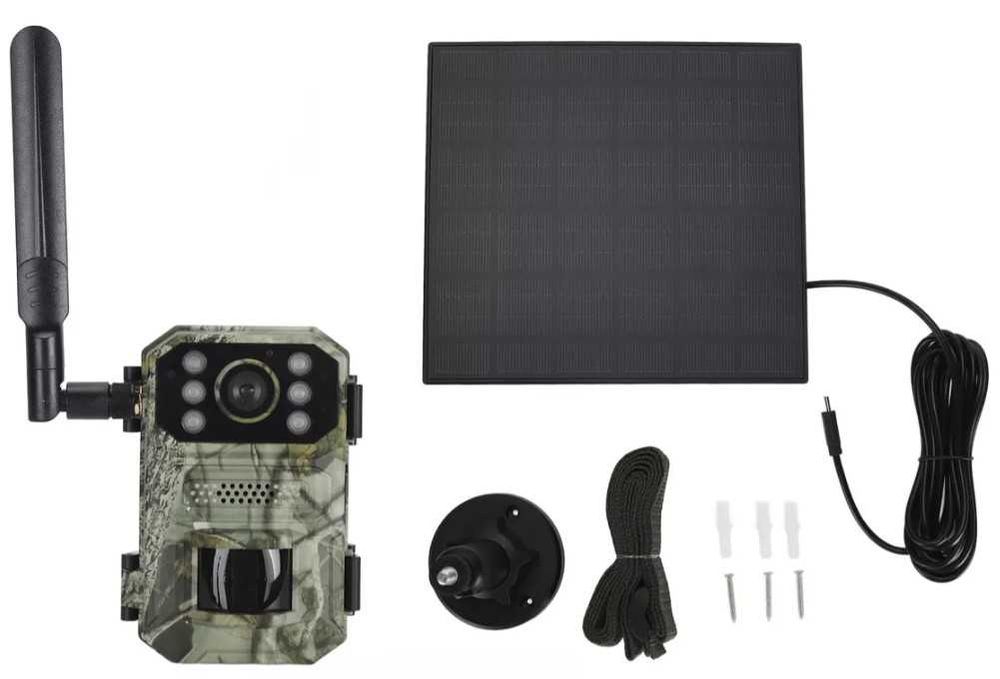 Câmera 4G + bateria recarregável + painel solar + cartão 64GB