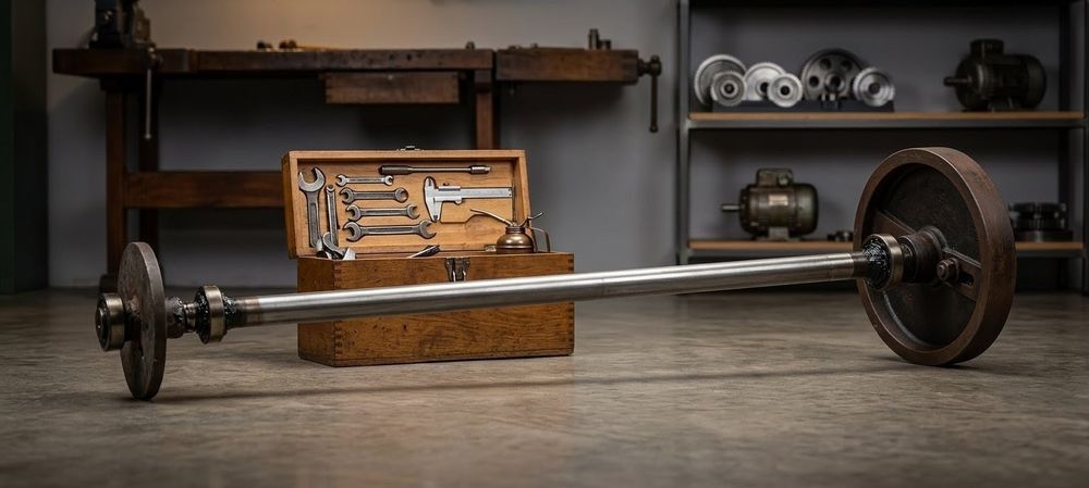 Eixo de Transmissão Maciço 170cm com Polia/Volante 38cm e Rolamentos
