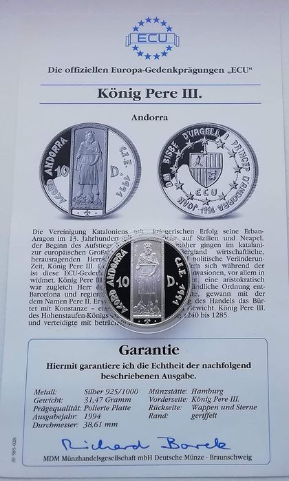 Андорра 10 дінерів 1994 р. СРІБЛО. ПРУФ. Petrus lll Митний союз ЄС.