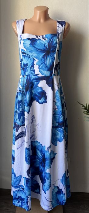 3333 Letnia długa niebieska sukienka w kwiaty Bonprix Bodyflirt S M L