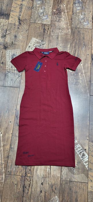 Bordowa sukienka polo damska kołnierzyk bawełna premium S