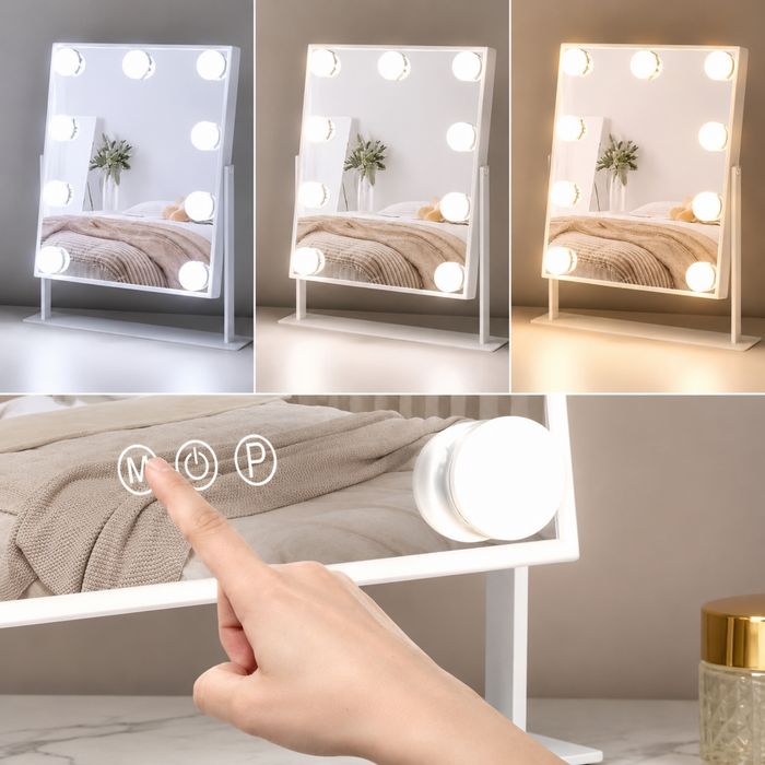 Косметичне дзеркало з підсвічуванням, голлівудське, 9 LED, 10Х, біле / Дзеркало з лампочками / Настільне дзеркало для макіяжу