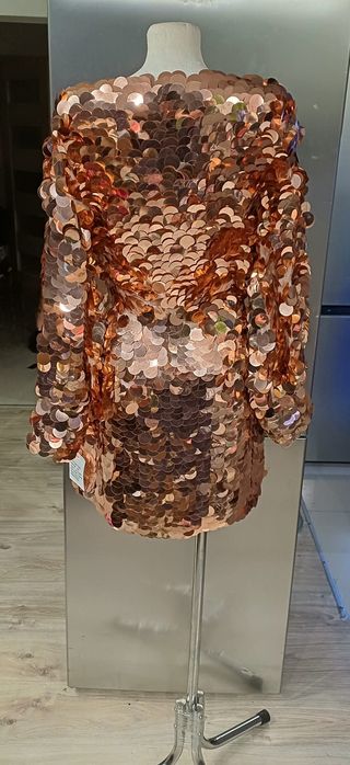 Obłedna cekinowa suknia kopertow , długi rękaw złota rozmiar 38