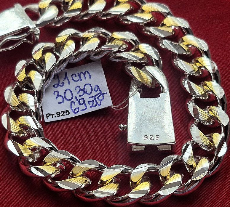 925 Grawer Srebrna Złota Klasyczna Bransoletka Pancerka 21cm 9mm