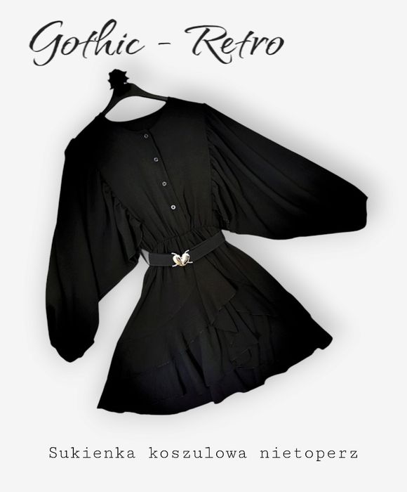 Czarna Sukienka Koszulowa Szerokie Rękawy Nietoperz Elegancka Gothic