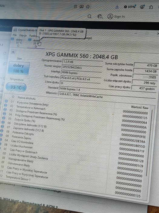 2miesięczny dysk 2TB ssd m2 xpg gammix s60 457h gwarancja x4 gen 4 nvme