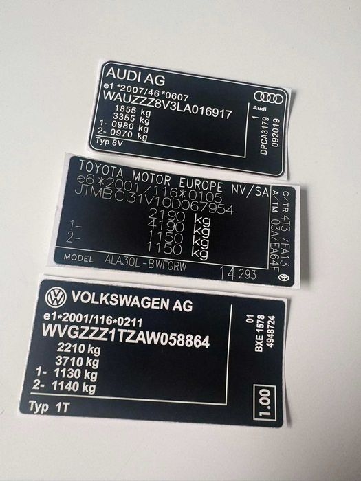 Tabliczka Znamionowa / Naklejka VIN BMW AUDI VW SKODA Wszystkie Marki