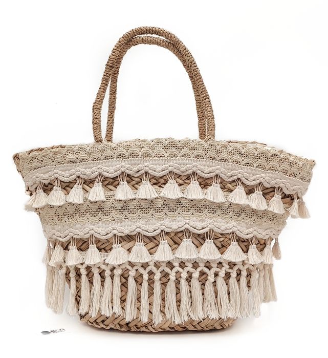 Torebka Koszyk Boho z Trawy Morskiej Duża Pleciona Plażowa z Frędzlami