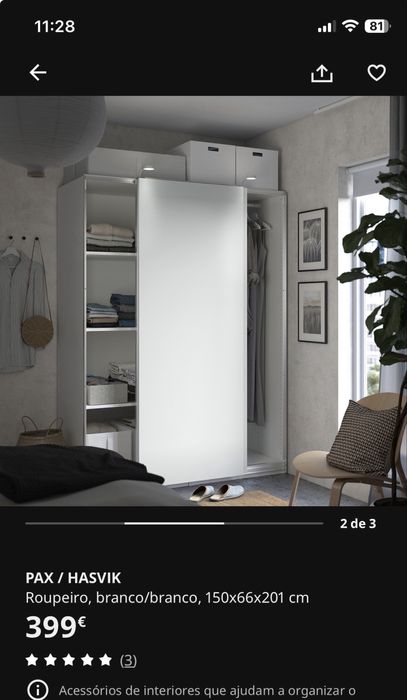 2 Roupeiros IKEA PAX + Portas HASVIK + Interiores KOMPLEMENT