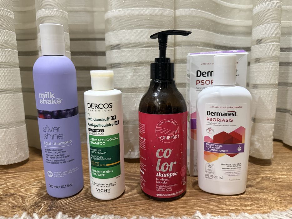 Шампунь milk_shake Silver Shine, Vichy Dercos, OnlyBio Color, Dermarest Psoriasis для блонду, проти лупи, для фарбованого волосся