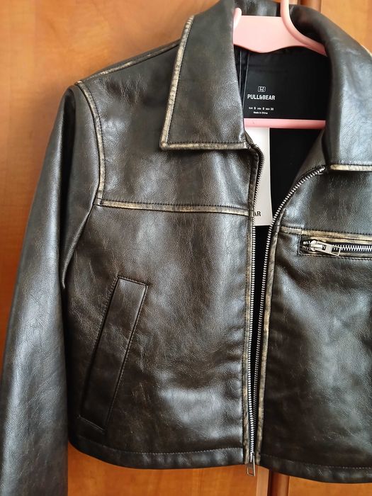 Casaco cabedal castanho Pull&Bear mulher Jaqueta curta polipele blusao biker motard