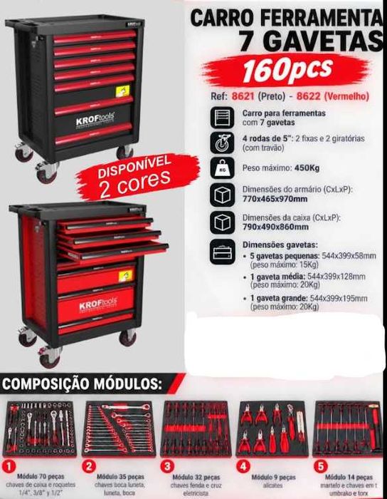 Carro ferramentas 7 gavetas 160 peças + Macaco 2.5T