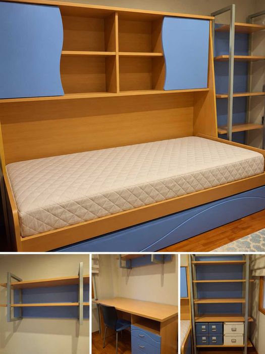 Quarto juvenil em muito bom estado, cama dupla com 2 colchões, secretaria, estante parede e estante grande, cadeira