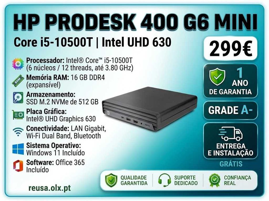 Mini PC HP ProDesk 400 G6 | i5-10500T | 16GB DDR4 | NVMe 512GB | WiFi | W11