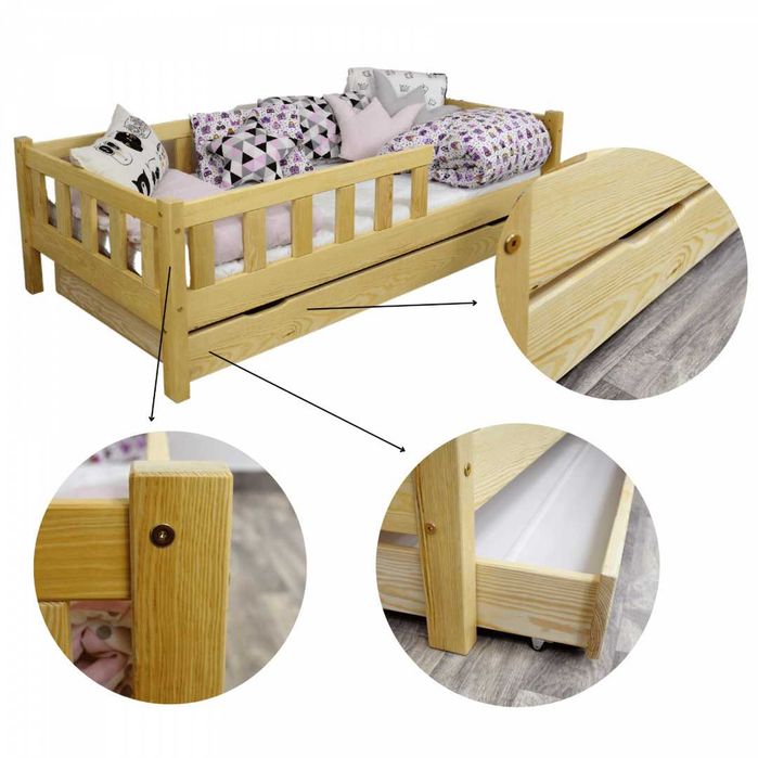 Łóżko dziecięce krótkie barierki z szufladą SZUFLADA MATERAC 160X80