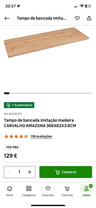 Tampo de bancada de imitação de madeira carvalho  - Novo- 366x62x3,8cm