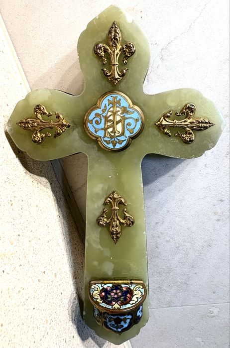 Fantastic 19th-century French holy water crucifix in alabaster and cloisonné