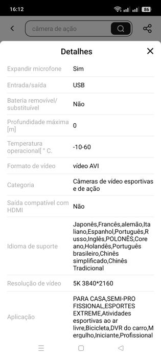 Câmara de acção 4k excelente qualidade de video e fotos!