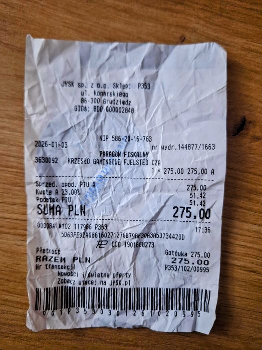 Fotel gamingowy JYSK FJELSTED – NOWY, paragon, nieużywany