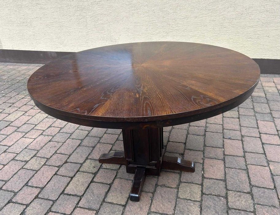 Drewniany stół okrągły na jednej nodze | Vintage lata 70 | 128 cm