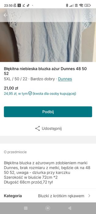 Błękitna niebieska bluzka ażur Dunnes 48 50