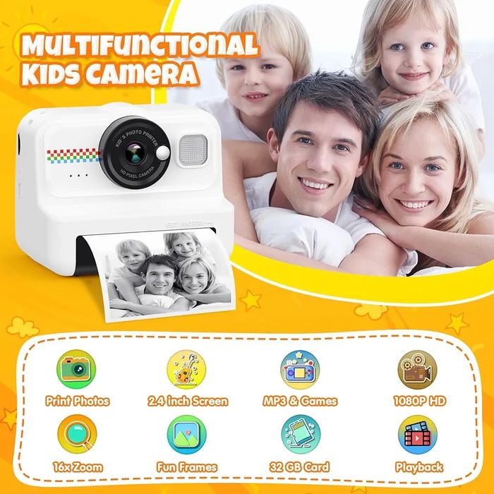 HiMont 1080P HD дитяча камера миттєвого друку з 3 рулонами паперу для друку та карткою на 32 ГБ