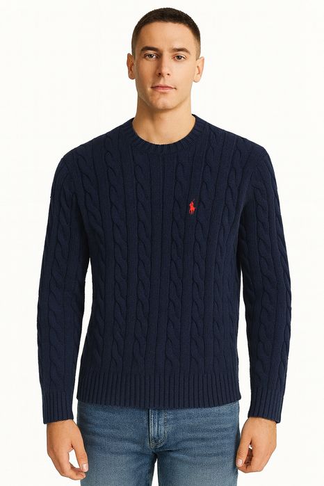 Sweter granatowy z warkoczowym splotem logo Polo Ralph Lauren L