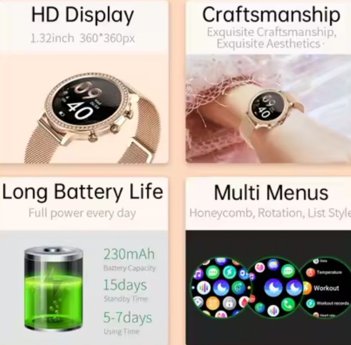 Piękny damski zegarek smartwatch z cekinami
